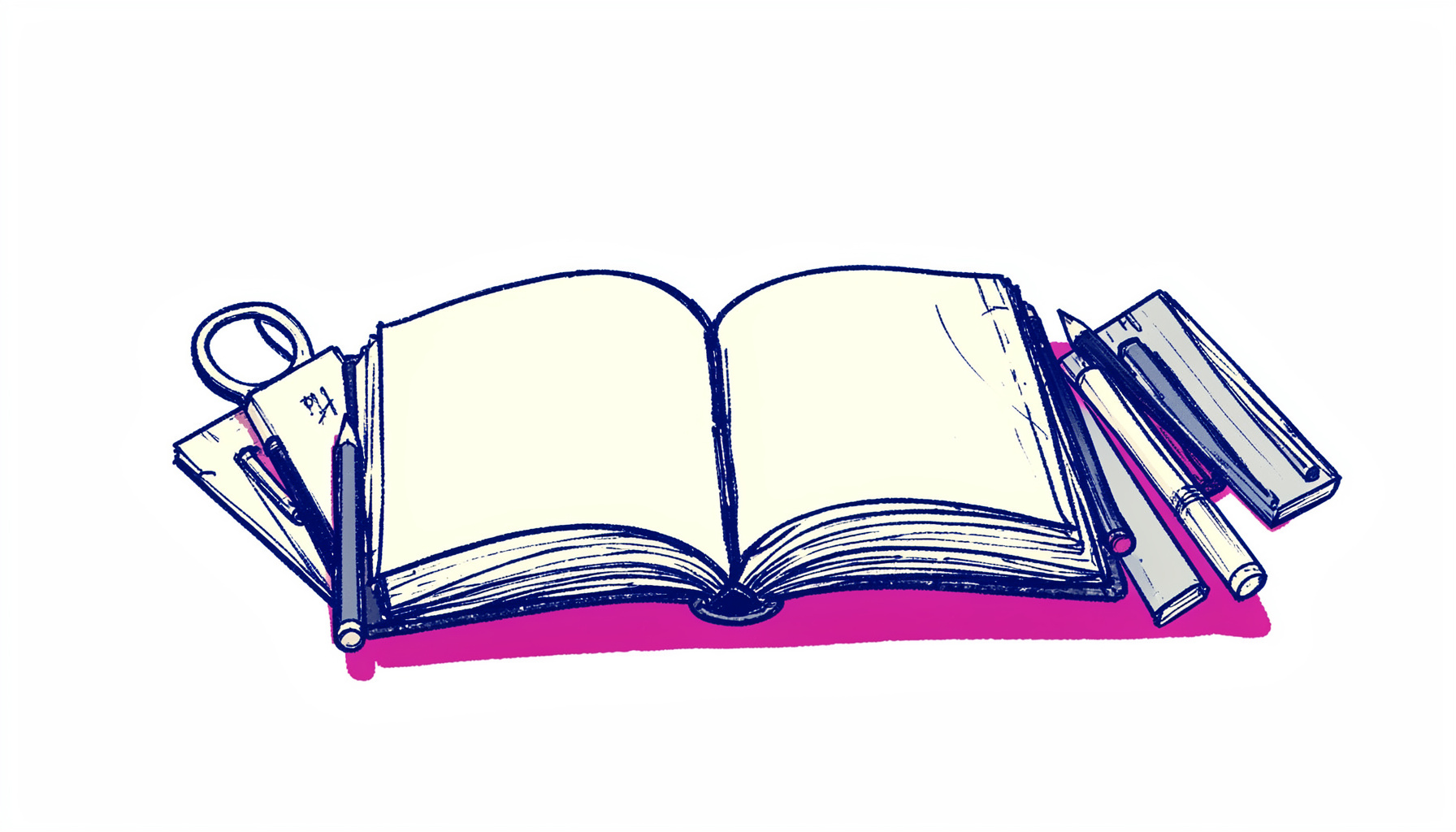 A hand-drawn ink illustration of an open book and school supplies arranged on a desk, in deep indigo and soft cream tones, evoking learning and preparation.