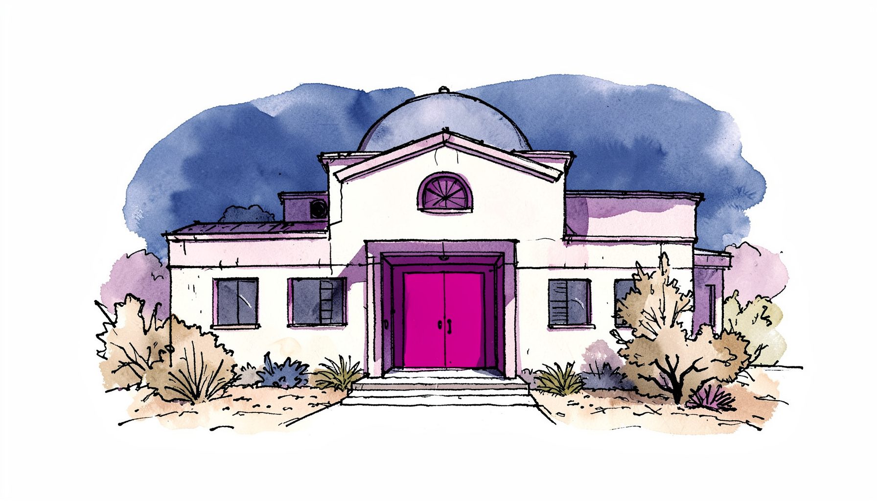 A hand-drawn ink illustration of a school building entrance framed by desert landscaping, with soft washes of deep blue and violet in the background.
