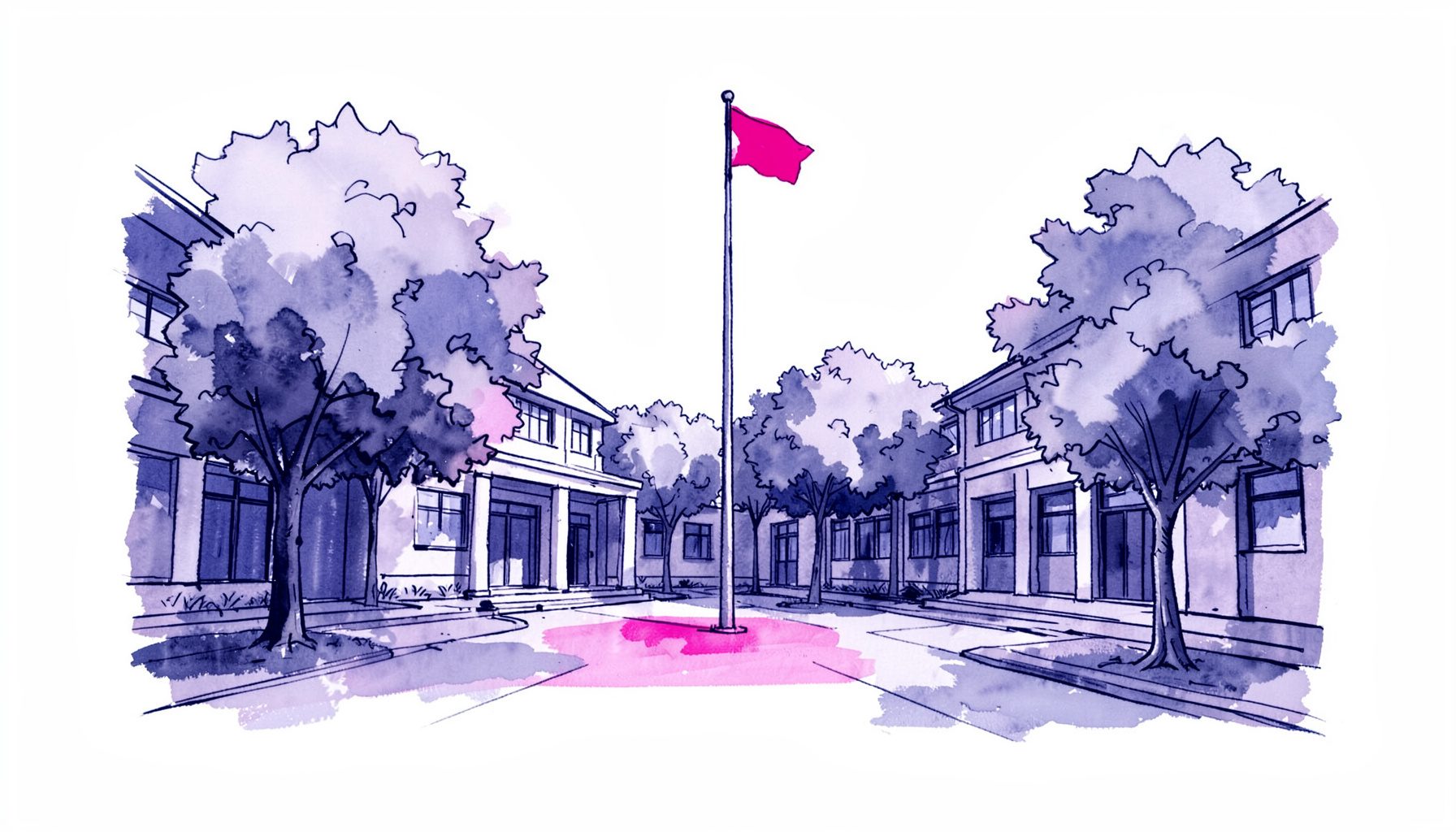 A hand-drawn ink illustration of a school campus courtyard with trees and a flagpole, rendered in loose expressive linework with deep navy and soft purple washes