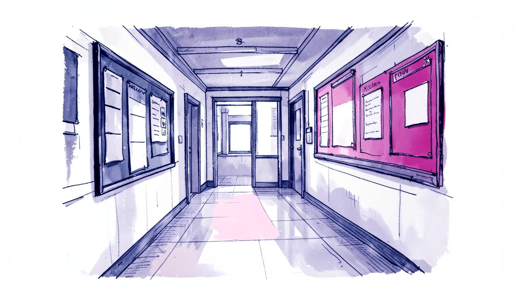 Hand-drawn ink illustration of a quiet school hallway with bulletin boards and soft morning light, rendered in deep navy and muted purple tones