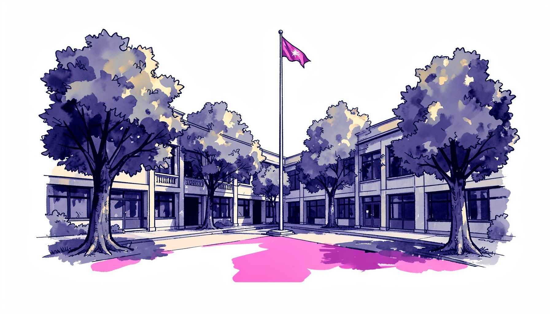 Hand-drawn ink illustration of a school campus courtyard with trees and a flagpole, rendered in deep navy and purple tones with soft golden highlights