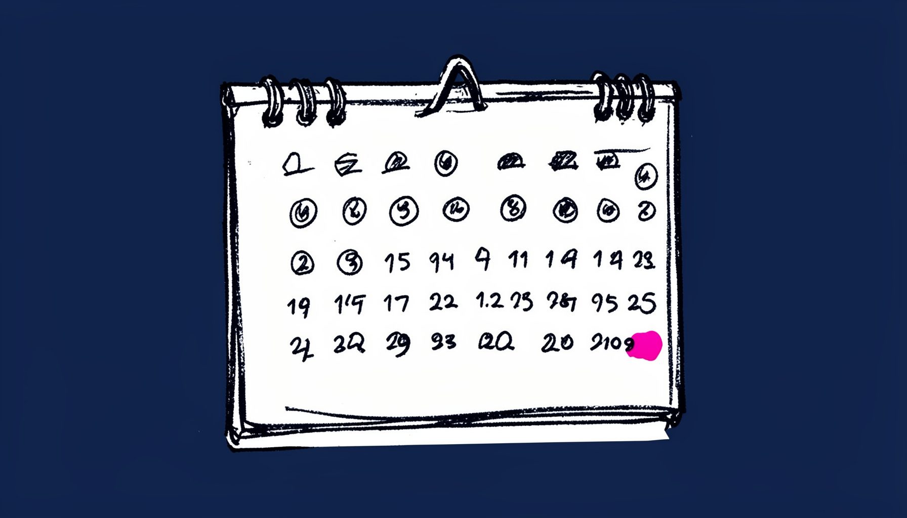 Hand-drawn ink illustration of a wall calendar with circled dates, rendered in loose sketchy lines against a dark navy background, evoking a quiet organizational mood.