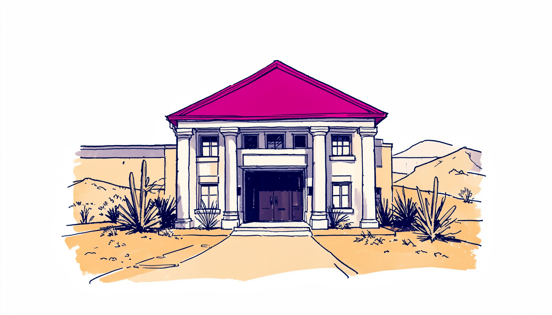 A hand-drawn ink illustration of a school building entrance framed by desert landscape, in navy and warm sand tones, suggesting the Scottsdale community setting.